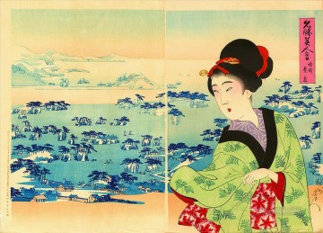 日本 Painting - 陸前国松島の松林の美しさに例えた美人 豊原周信